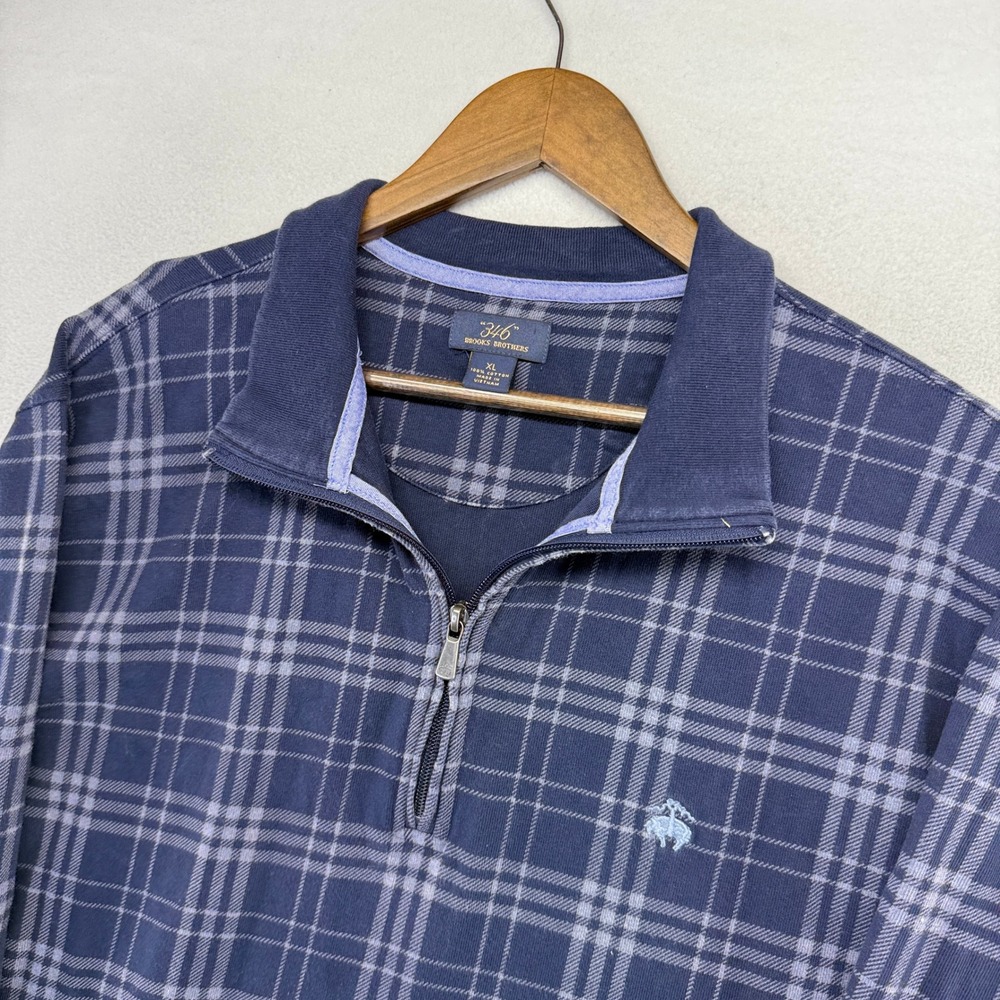 Brooks Brothers Quarter Zip Pullover Men's XL Blue Plaid Check 346 Preppy Logo
